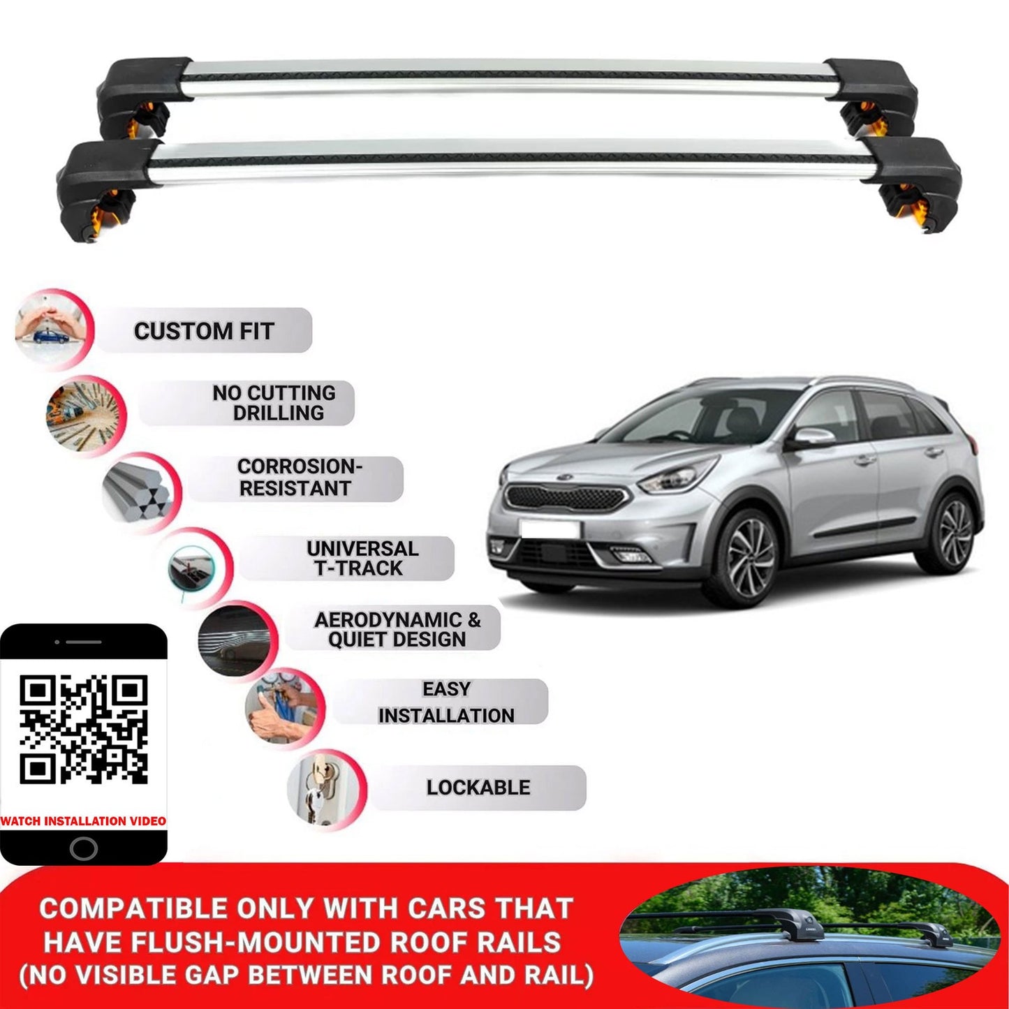 Premium Roof Bars For Kia E-Niro Suv 2018-2022 Secure Roof Rack Cross Bar 2 Pcss Secure Grey