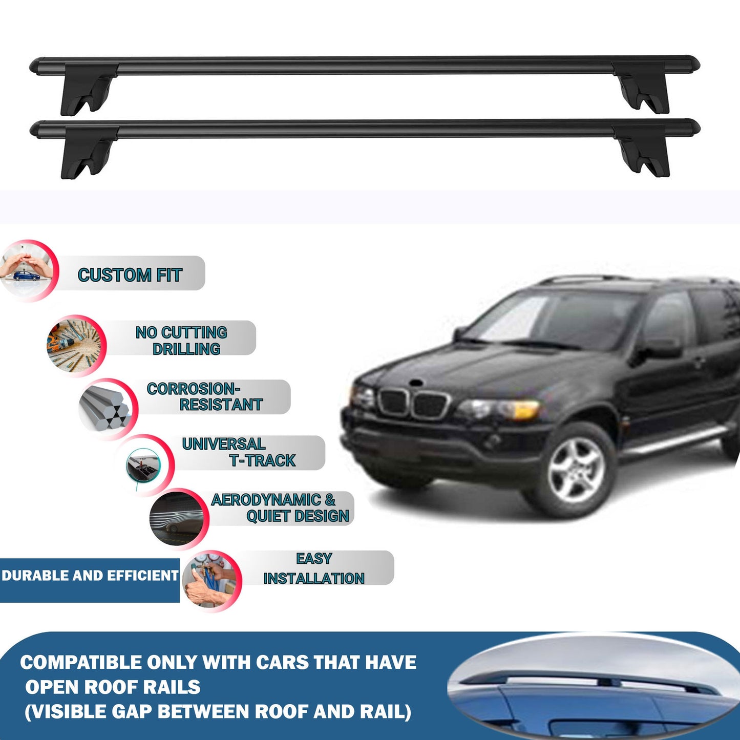 Lockable Roof Rack Cross Bars for Bmw X5 2000-2006 | Heavy Duty Rail Carrier 2 Pcs Black