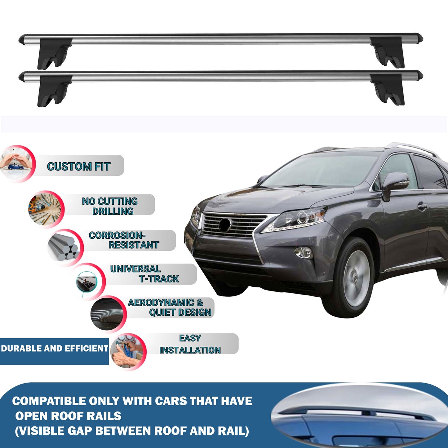 Lockable Roof Rack Cross Bars for Lexus Rx350/Rx45 Fl Al 2012-2015 | Heavy Duty Rail Carrier 2 Pcs Grey