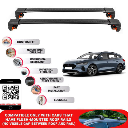 Premium Roof Bars For Ford Focus Active Estate 2019+ Secure Roof Rack Cross Bar 2 Pcss Black