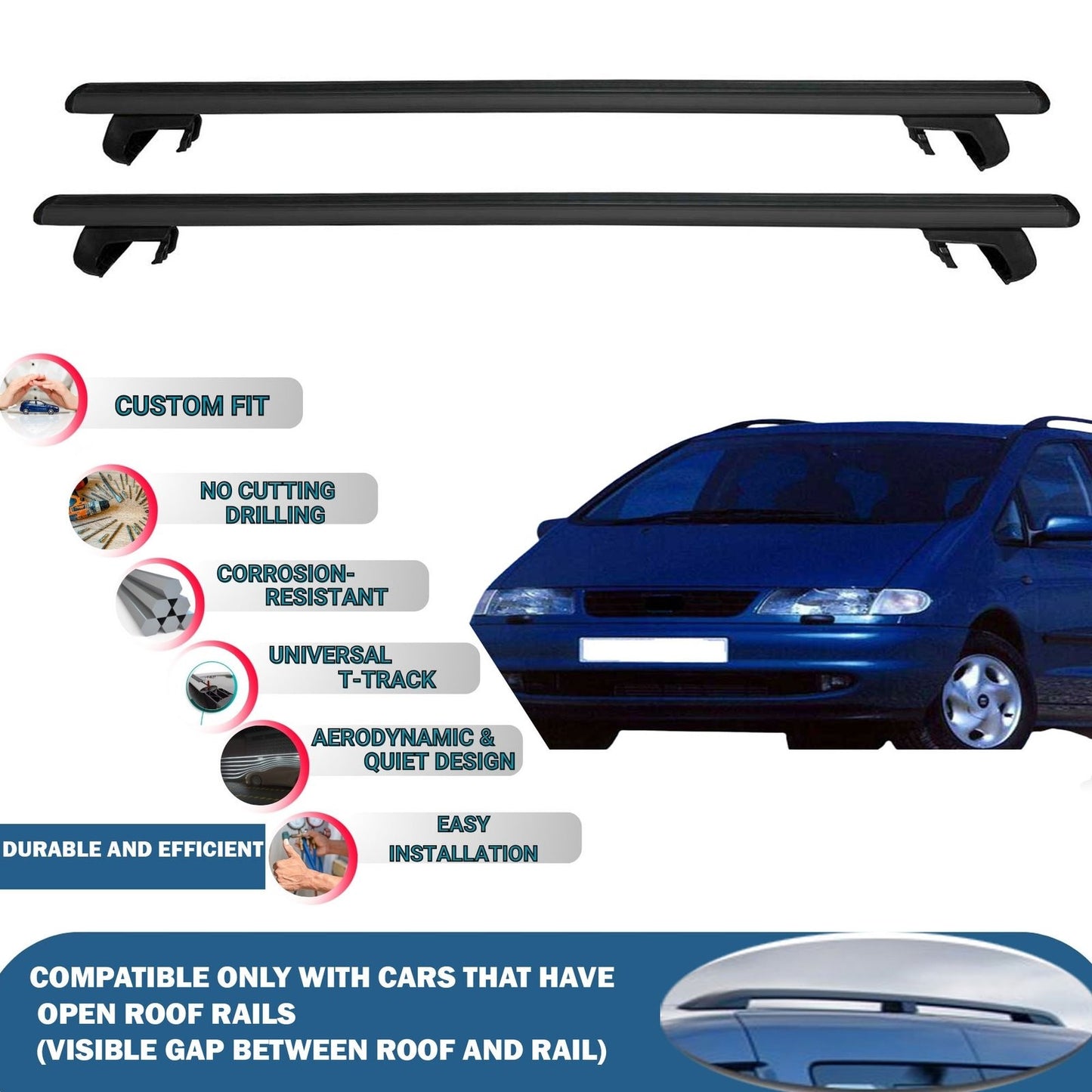 Roof Rack Cross Bars for Seat Alhambra 1996-2000 Rail Carrier for Roof Tents 2 Pcs Black