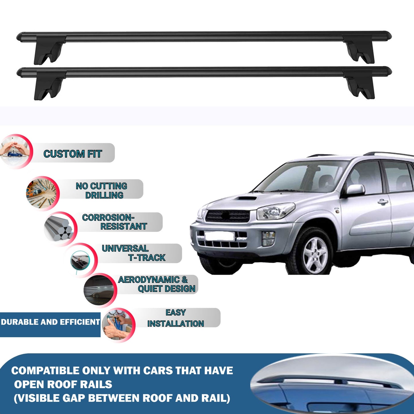 Lockable Roof Rack Cross Bars for Toyota Rav4 XA 2000-2005 | Heavy Duty Rail Carrier 2 Pcs Black