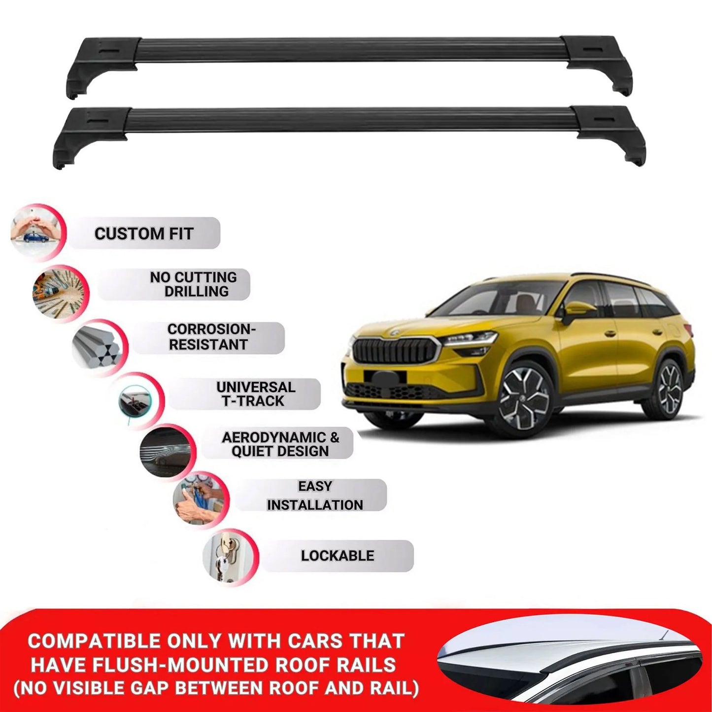 2X Car Roof Bars for Skoda Kodiaq 2025+ Lockable Roof Rack Cross Bars Black