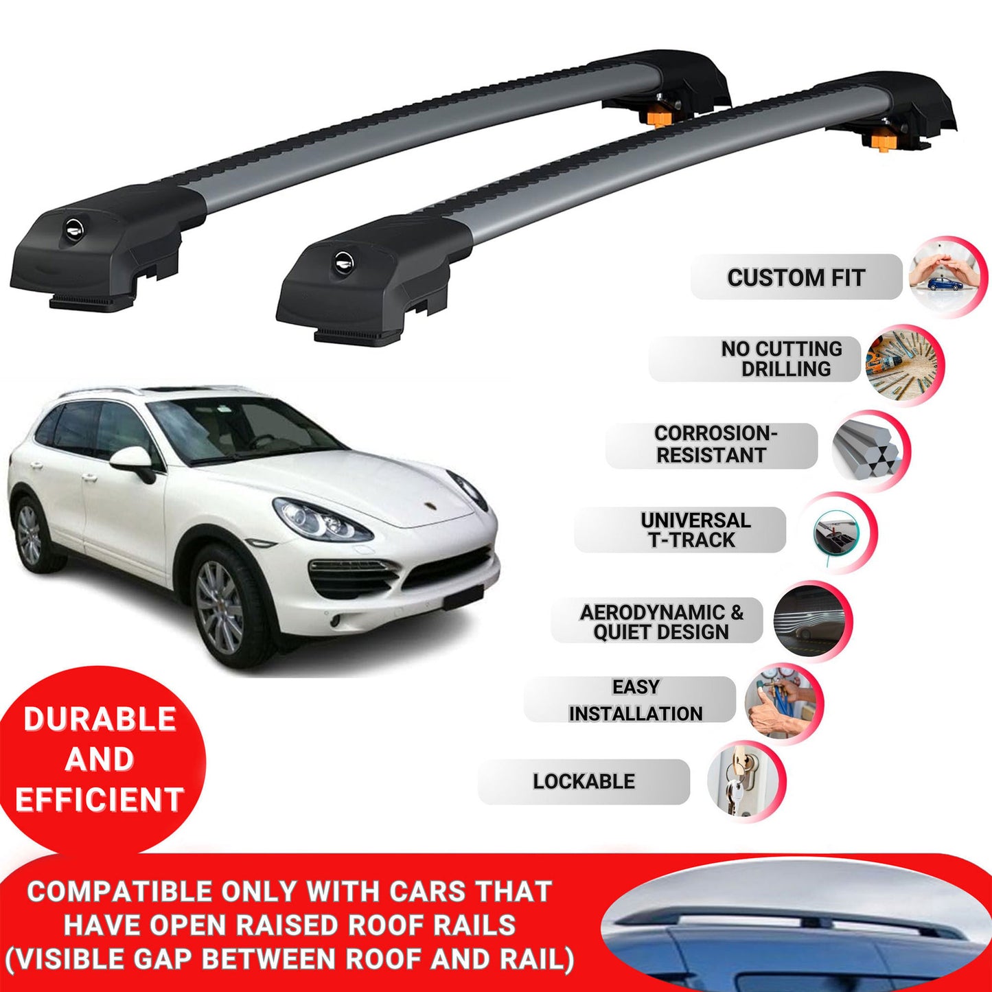 Roof Bar for Porsche Cayenne 92A-E2 2011-2018 Lockable Roof Rack Cross Bars 2 Pcs Grey