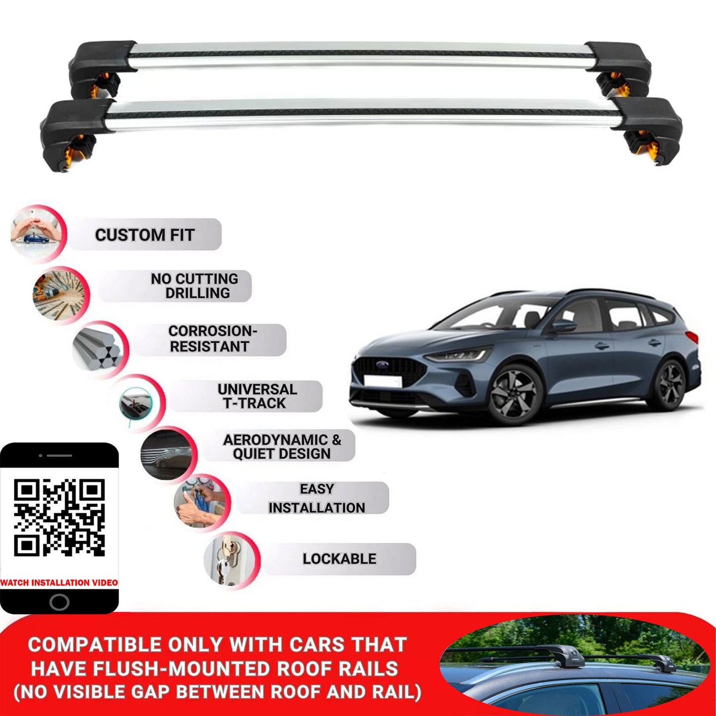 Premium Roof Bars For Ford Focus Active Estate 2019+ Secure Roof Rack Cross Bar 2 Pcss Grey