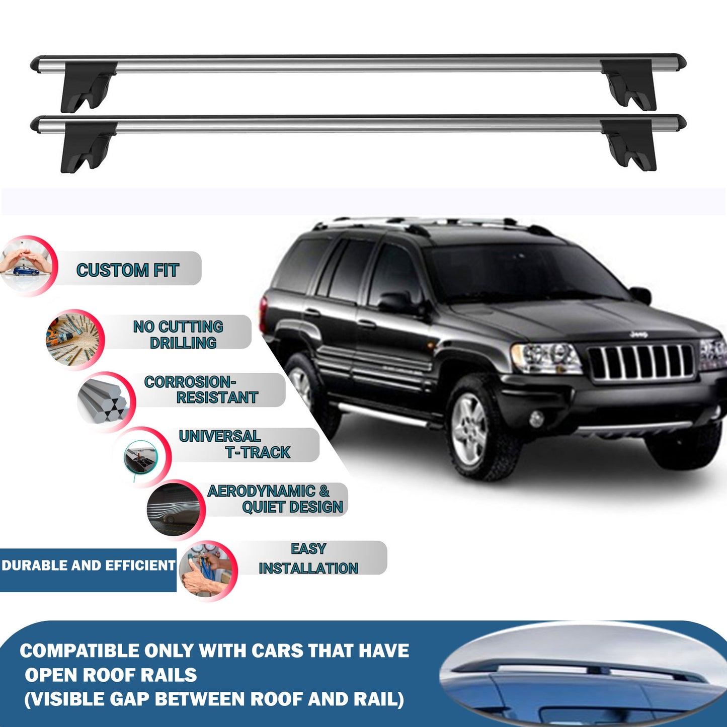 Lockable Roof Rack Cross Bars for Jeep Grand Cherokee WJ 1999-2005 | Heavy Duty Rail Carrier 2 Pcs Grey