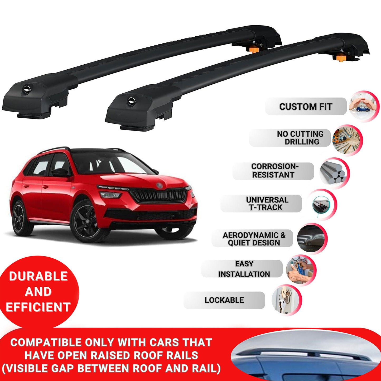 Roof Bar for Skoda Kamiq Premium 2019-2024 Lockable Roof Rack Cross Bars 2 Pcs Black