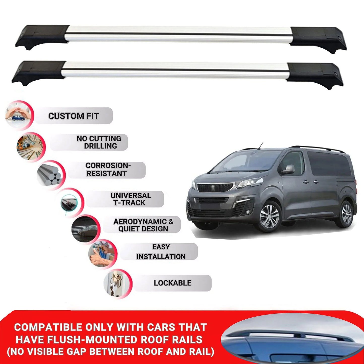 2X Car Roof Rack for Peugeot Expert Traveller 2017-2025 Lockable Roof Bars Grey