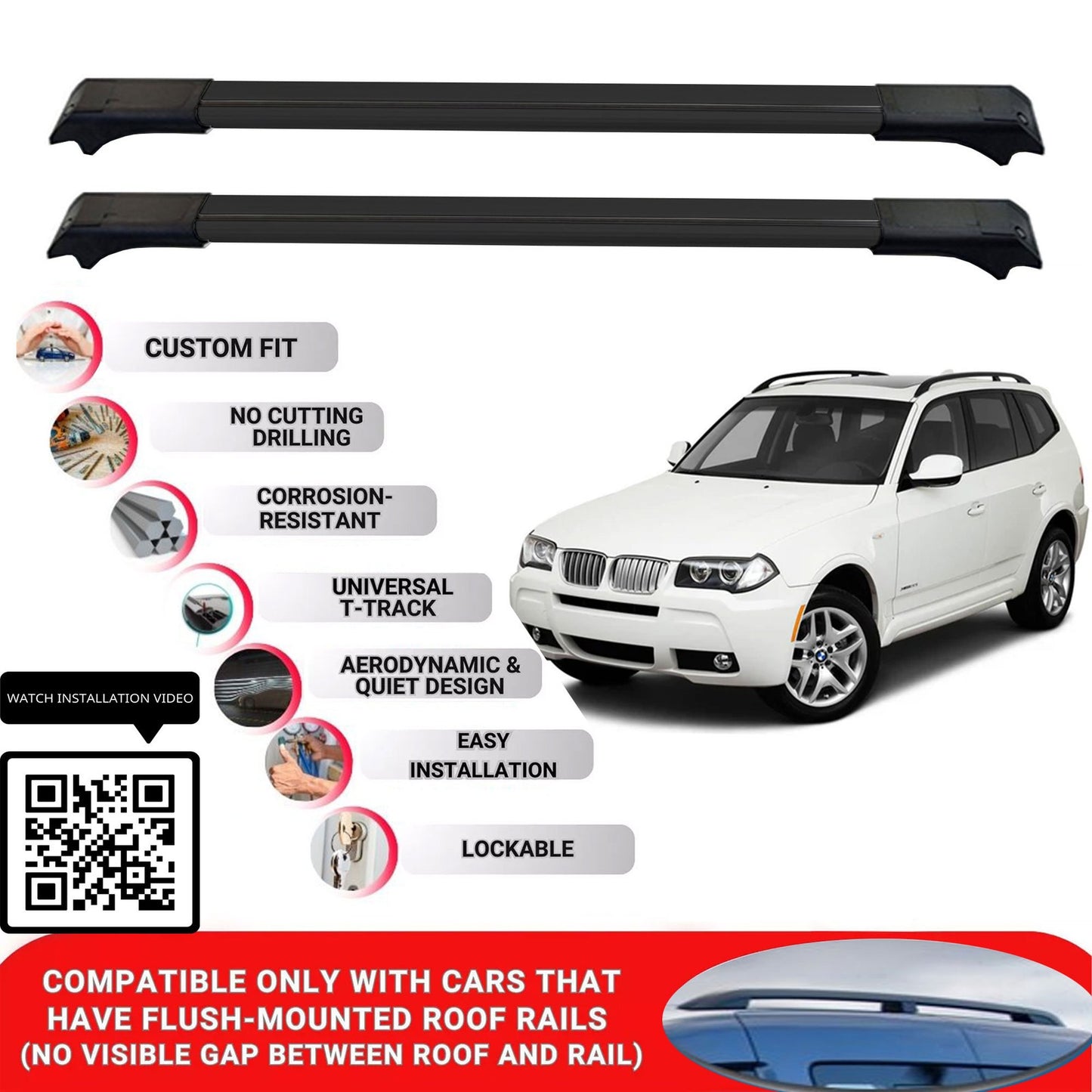 Roof Rack Cross Bars for Bmw X3 E83 2003-2010 Lockable Roof Bars 2 Pcs Black