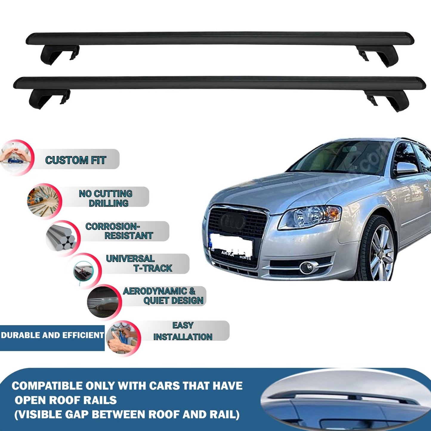 Roof Rack Cross Bars for Audi A4 Avant B6/B7 2003-2009 Rail Carrier for Roof Tents 2 Pcs Black