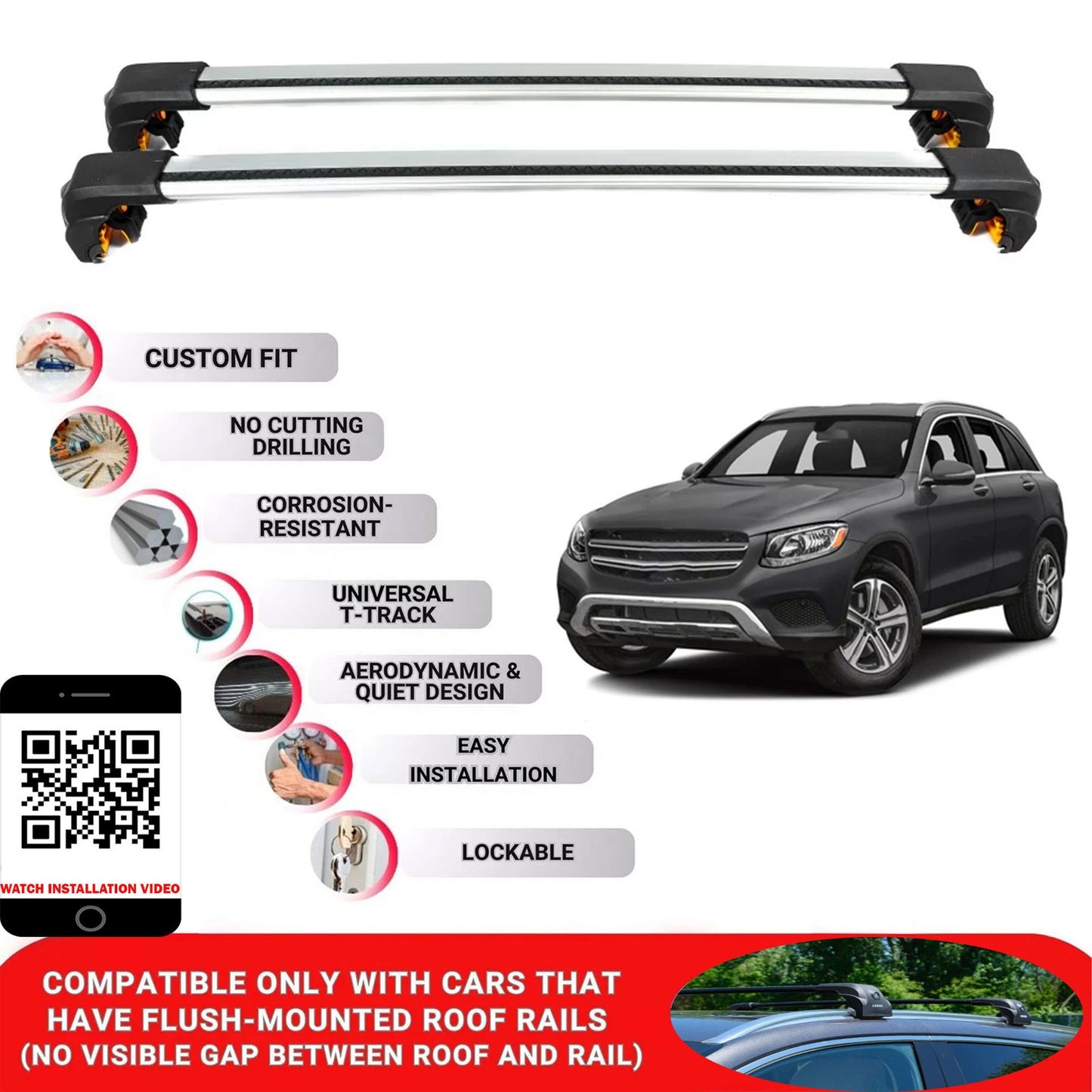 Premium Roof Bars For Mercedes Glc 2015-2023 Secure Roof Rack Cross Bar 2 Pcss Secure Grey