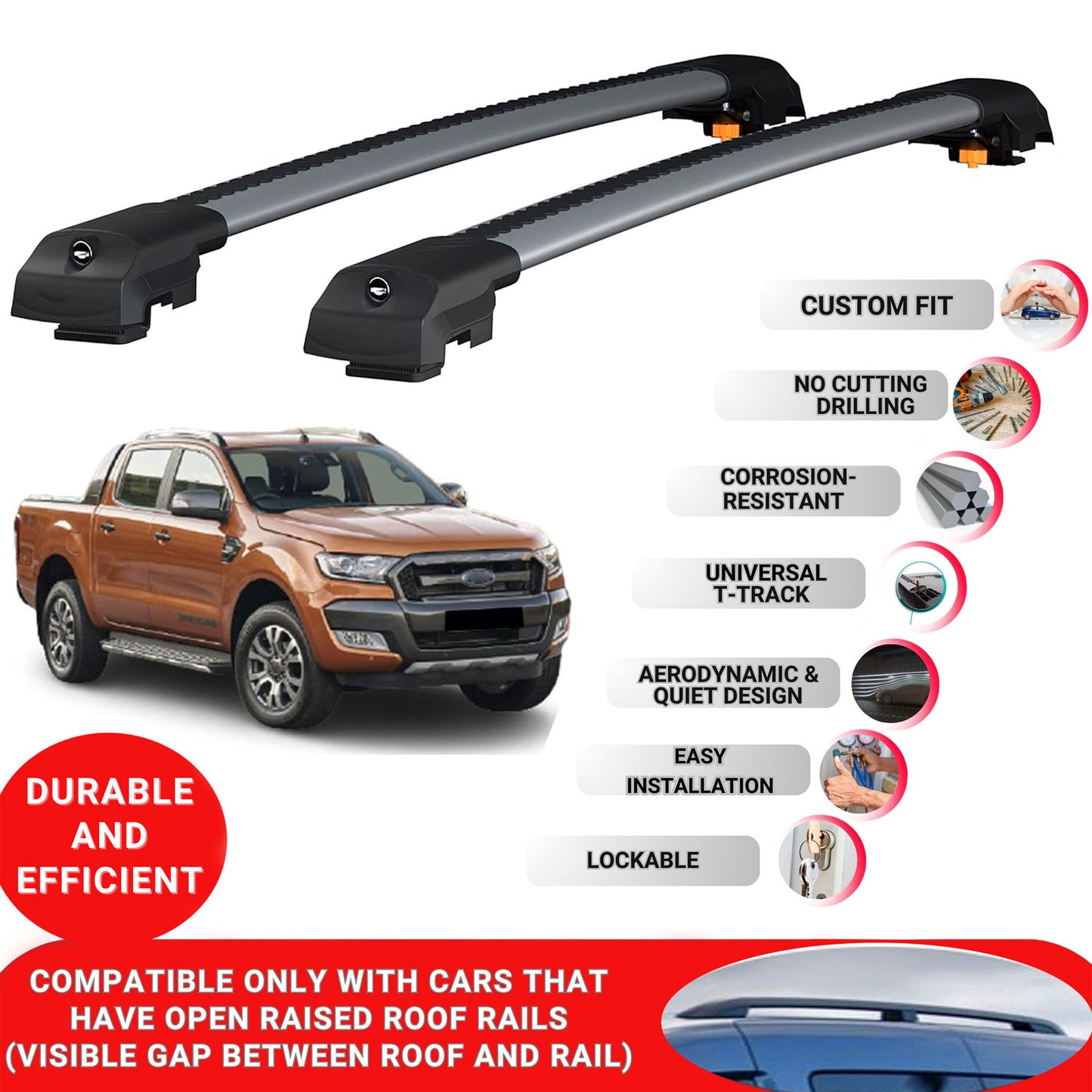 Roof Bar for Ford Ranger T6-P375/PX 2012-2022 Lockable Roof Rack Cross Bars 2 Pcs Grey