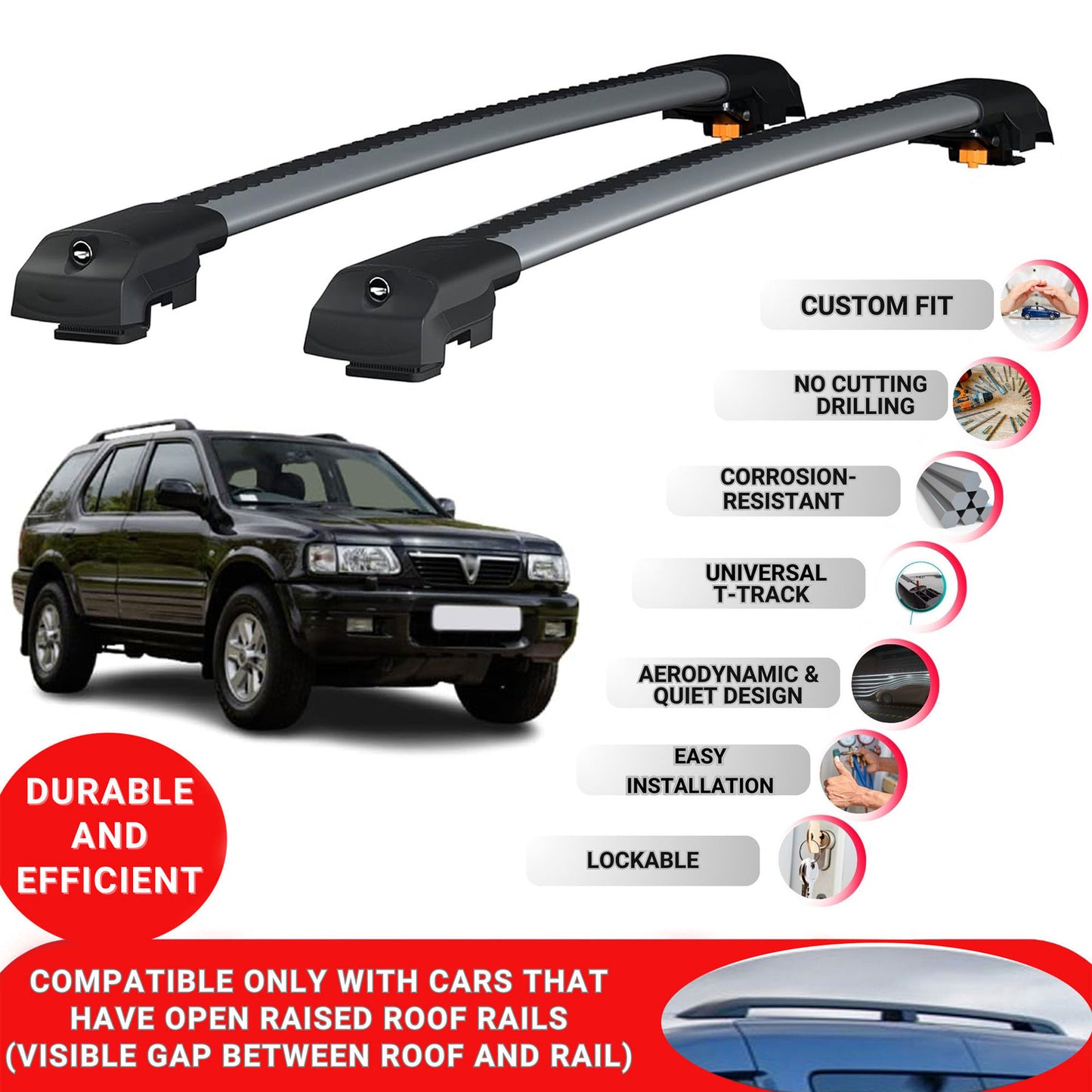 Roof Bar for Vauxhall Frontera Sport 1999-04 Lockable Roof Rack Cross Bars 2 Pcs Grey