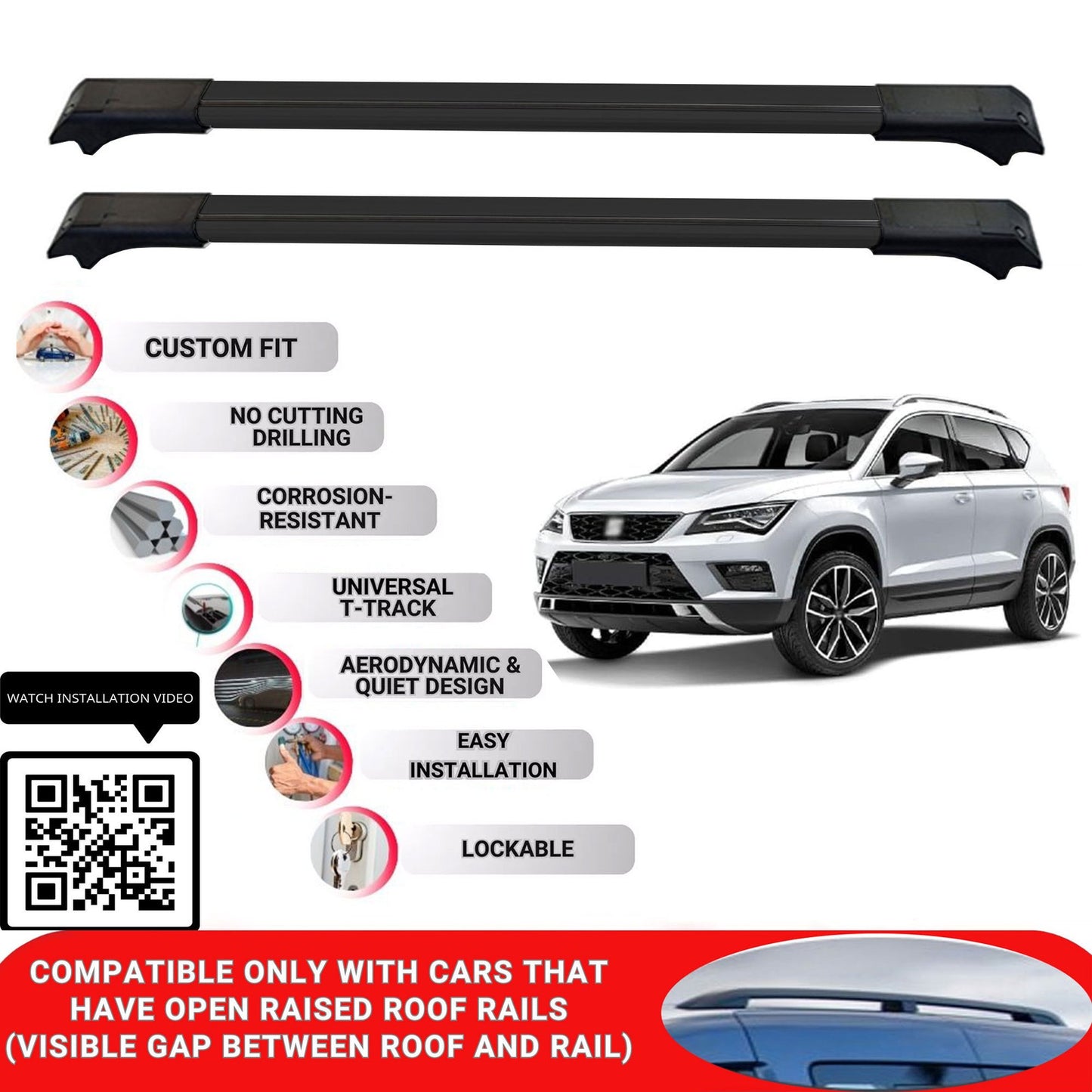 Roof Rack Cross Bars for Seat Ateca 2016-2025 Lockable Roof Bars 2 Pcs Black