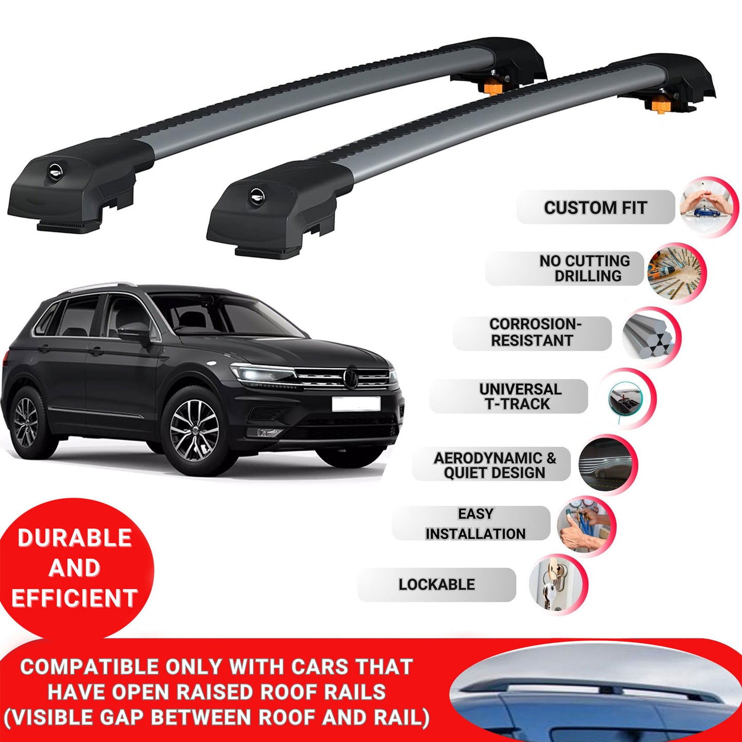 Roof Bar for Vw Tiguan 2016-2023 Lockable Roof Rack Cross Bars 2 Pcs Grey