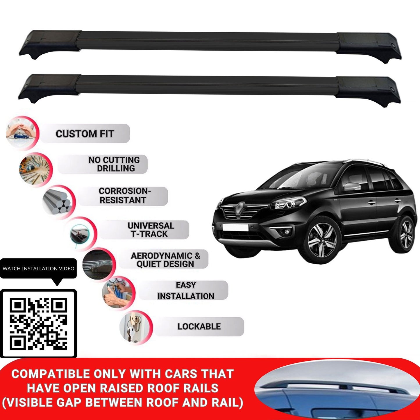 Roof Rack Cross Bars for Renault Koleos 2008-2016 Lockable Roof Bar 2 Pcs Black