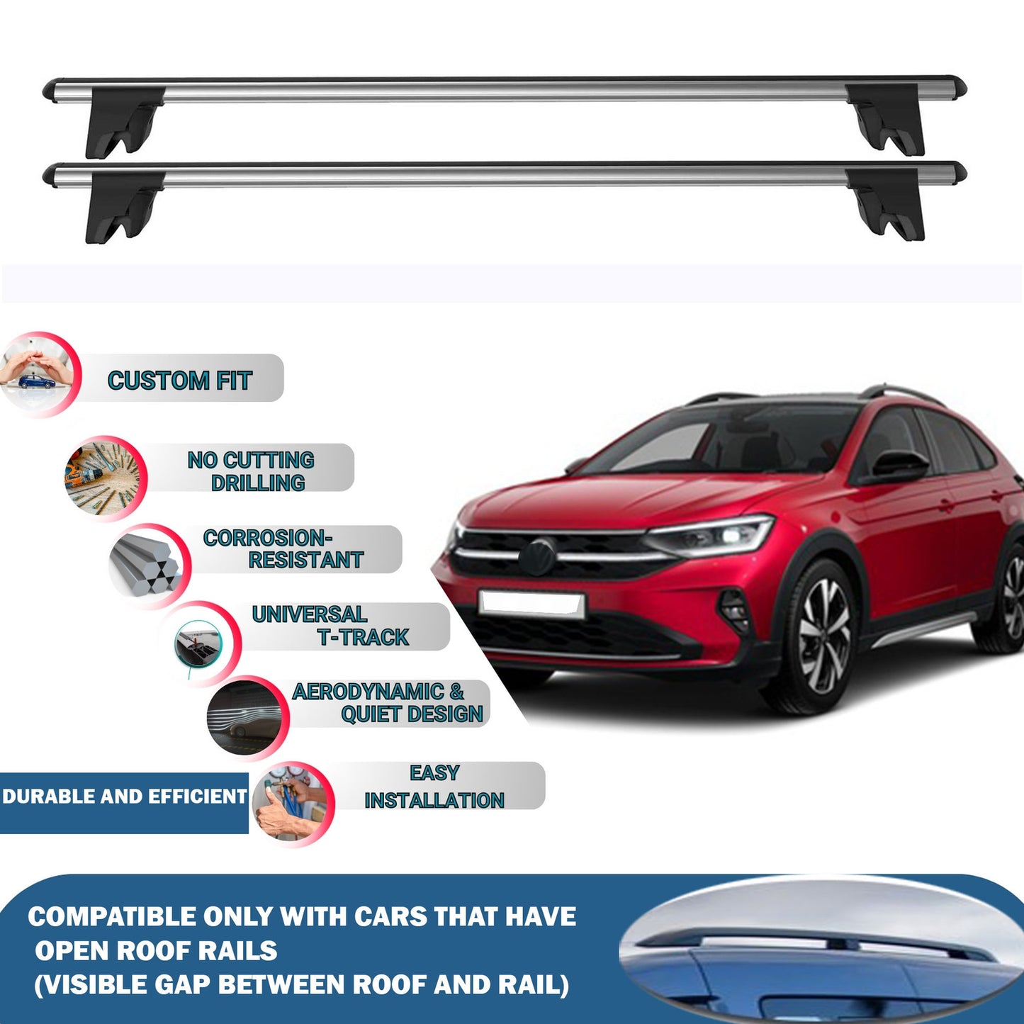 Lockable Roof Rack Cross Bars for Volkswagen Taigo 2019+ | Heavy Duty Rail Carrier 2 Pcs Grey