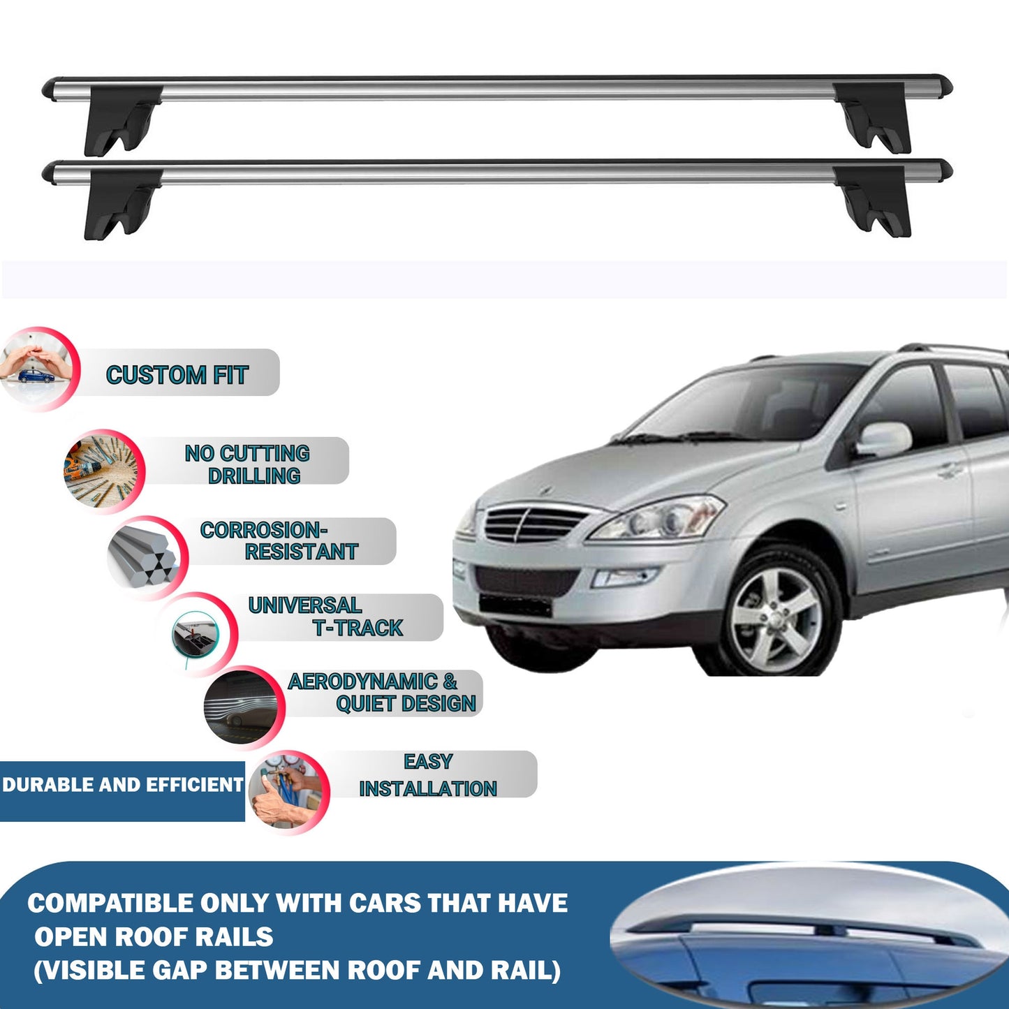 Lockable Roof Rack Cross Bars for Ssangyong Actyon 2006-2011 | Heavy Duty Rail Carrier 2 Pcs Grey