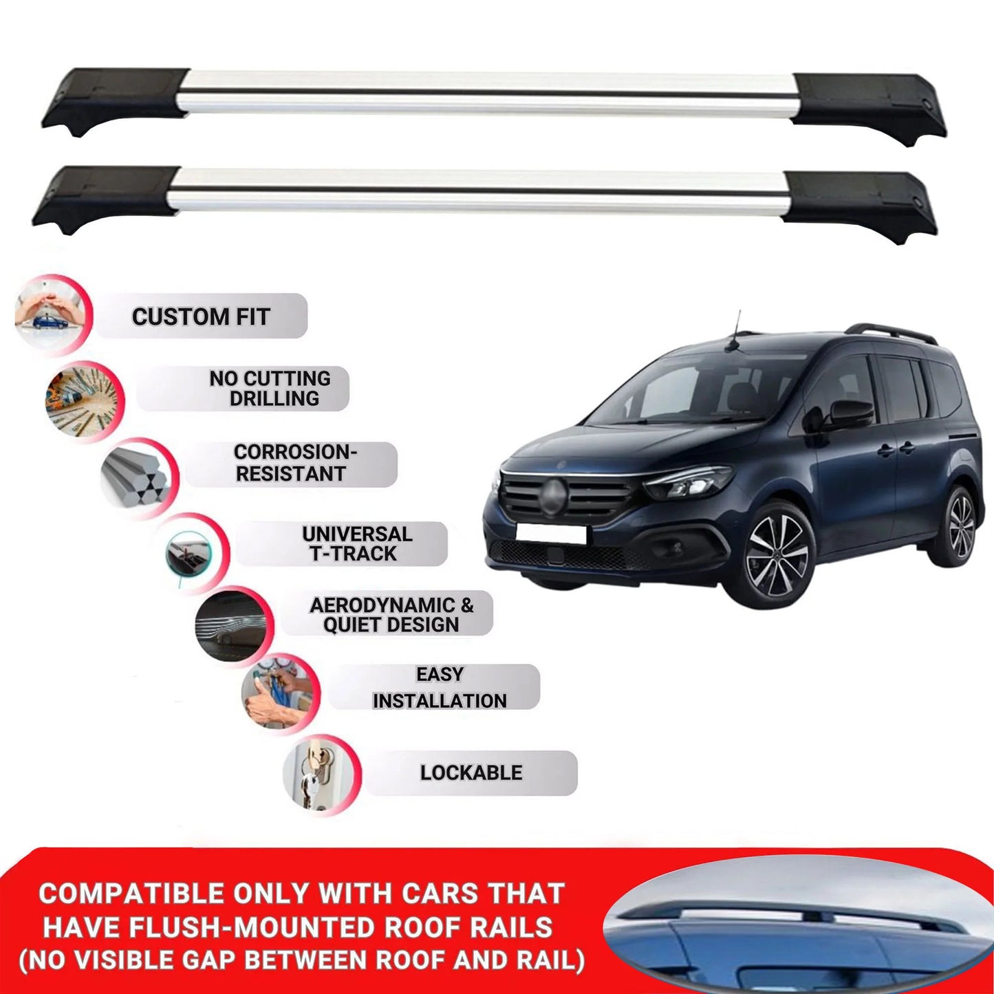2X Car Roof Rack Cross Bars for Mercedes Citan 2021+ Lockable Roof Bars Grey