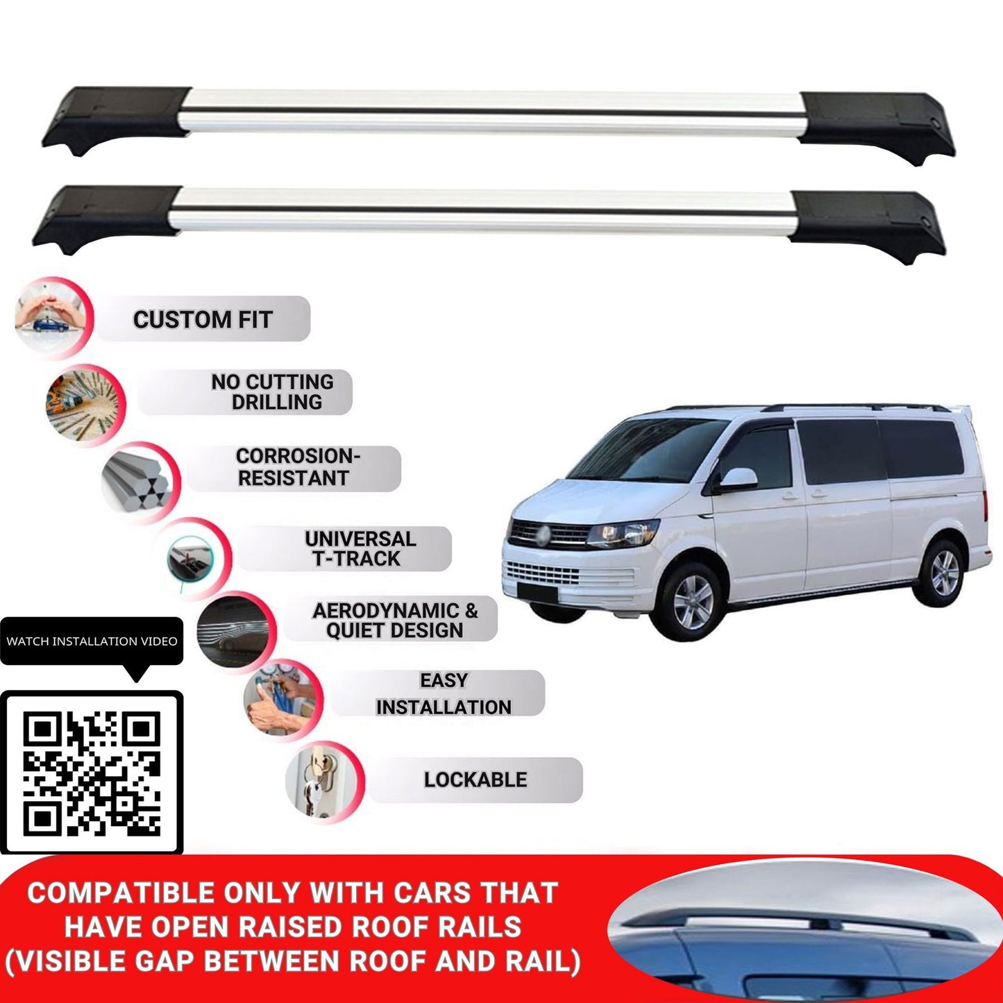 Roof Rack Cross Bars for Vw Transporter T6-T6.1 2015+ Lockable Roof Bars 2 Pcs Grey
