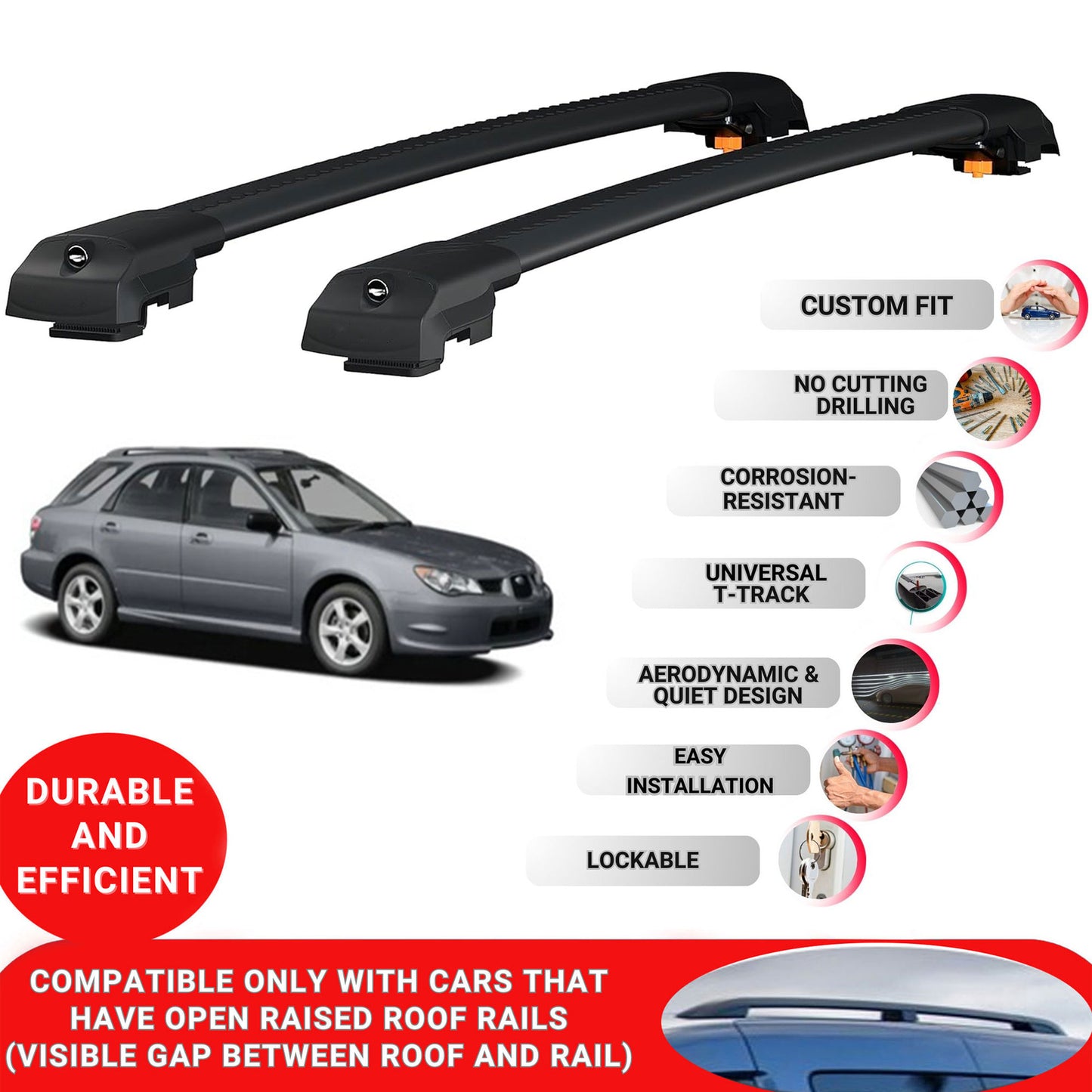 Roof Bar for Subaru Impreza 2001-2007 Lockable Roof Rack Cross Bars 2 Pcs Black