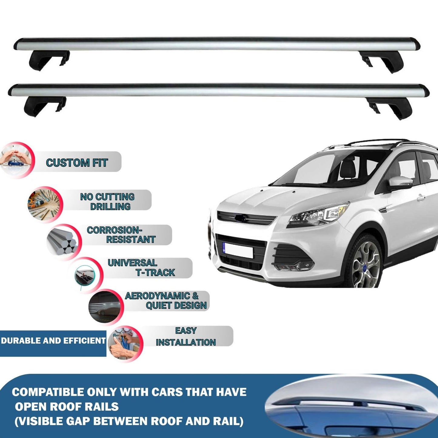 Roof Rack Cross Bars for Ford Kuga 2013-2018 Rail Carrier for Roof Tents 2 Pcs Grey