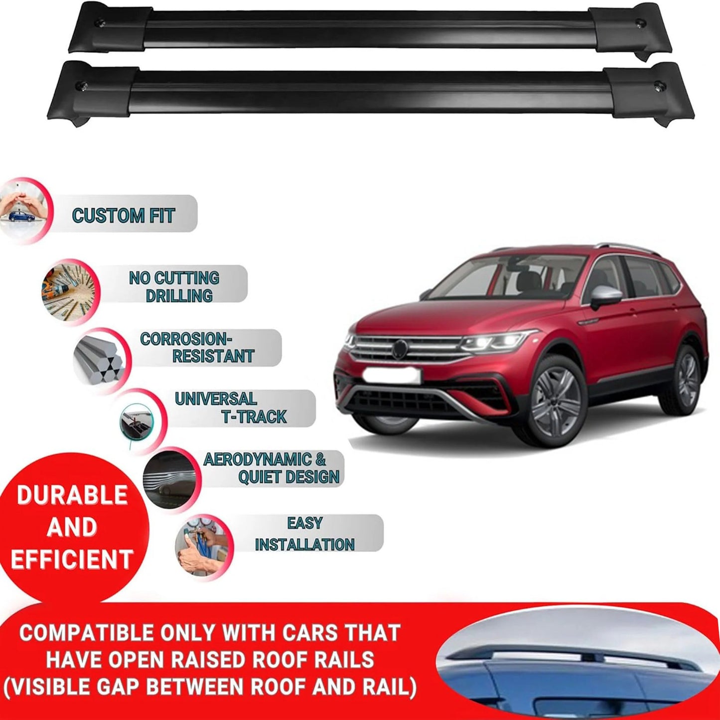 Roof Rack Cross Bars for Vw Tiguan Allspace 5N Suv 2018+ Roof Bars 2 Pcs Black