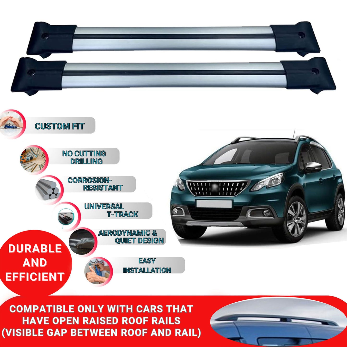 Roof Racks Cross Bars For Peugeot 2008 2013-2019 2 Pcs Grey