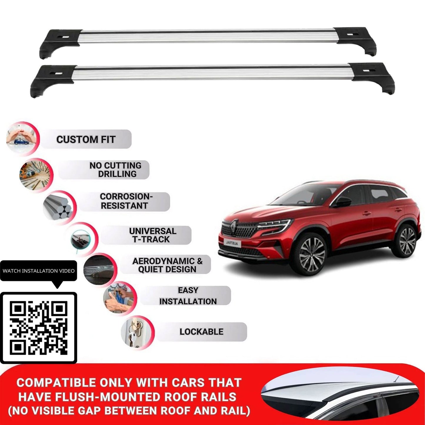 Roof Bars for Renault Austral 2023+ Lockable Roof Rack Cross Bars 2 Pcs Grey