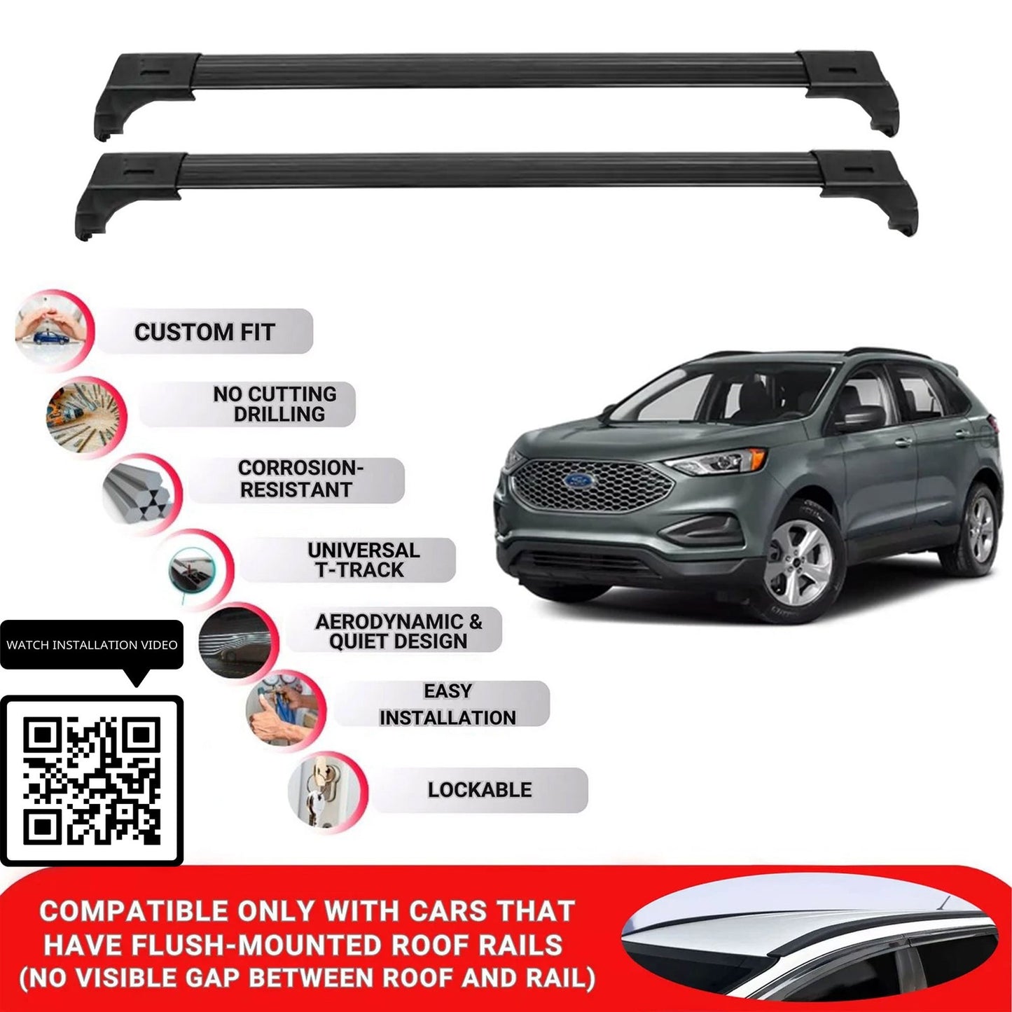 Roof Bars for Ford Edge 2015+ Lockable Roof Rack Cross Bars 2 Pcs Black