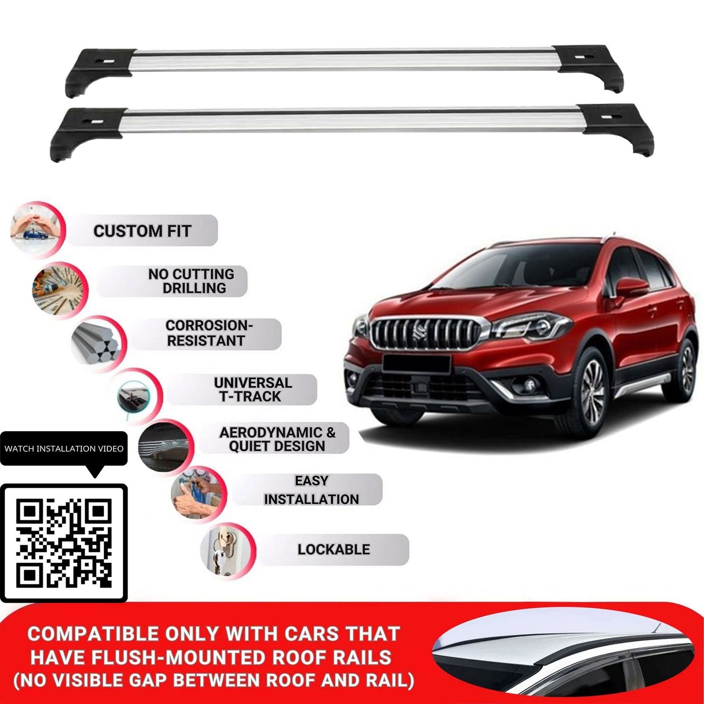 Roof Bars for Suzuki Sx4 S-Cross Hb 2014+ Lockable Roof Rack Cross Bars 2 Pcs Grey