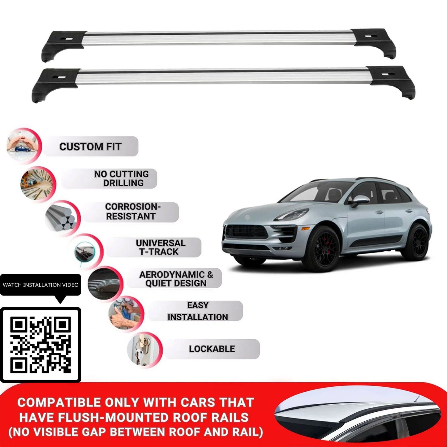 Roof Bars for Porche Macan 2014+ Lockable Roof Rack Cross Bars 2 Pcs Grey
