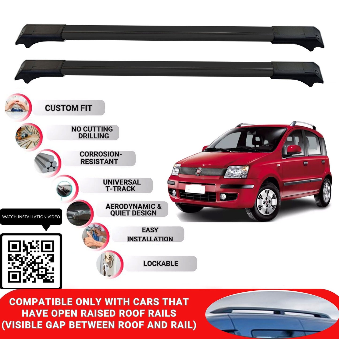 Roof Rack Cross Bars for Fiat Panda Cross 2014+ Lockable Roof Bars 2 Pcs Black
