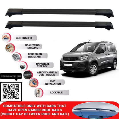 Roof Rack Cross Bars for Peugeot Rifter 2019-2022 Lockable Roof Bar 2 Pcs Black