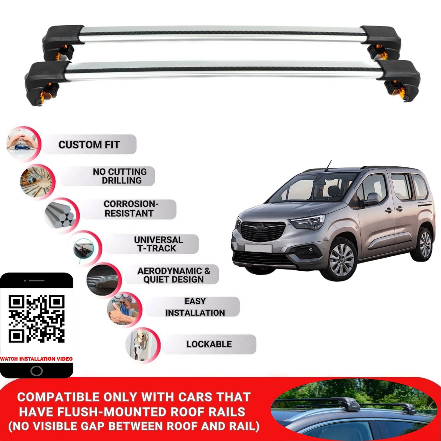 Premium Roof Bars For Opel Combo Life Mpv 2019+ Secure Roof Rack Cross Bar 2 Pcss Grey