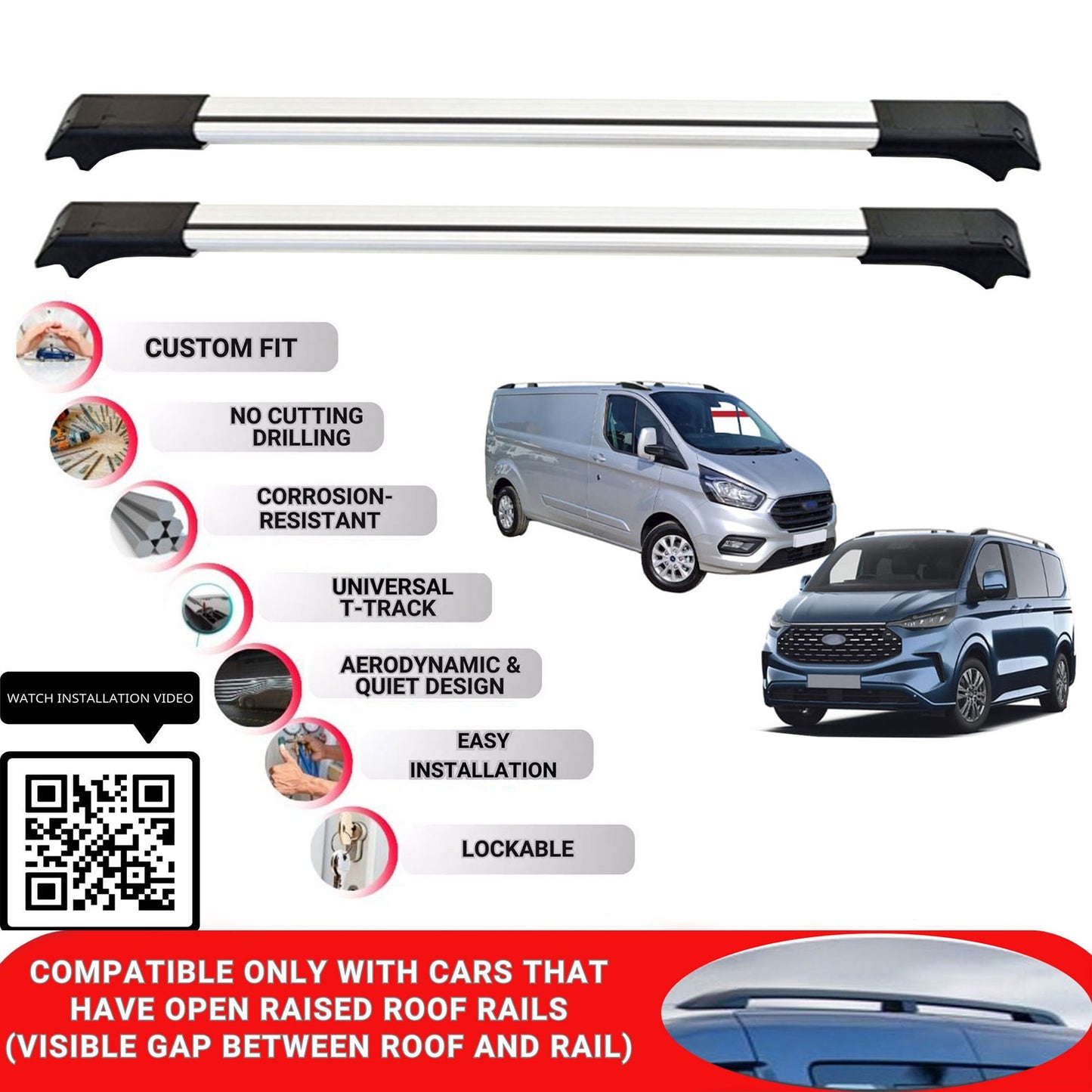Roof Rack Cross Bars for Ford Transit Custom 2013-2024 Lockable Bars 2 Pcs Grey
