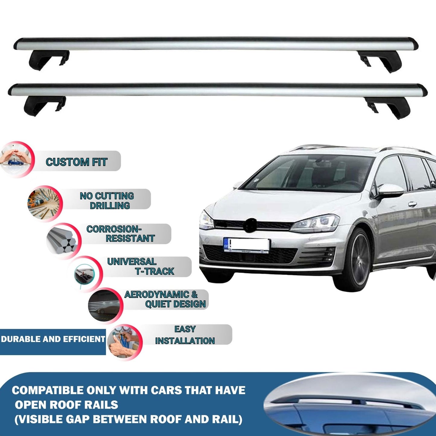 Roof Rack Cross Bars for Volkswagen Golf VII Variant 2013-2020 Rail Carrier for Roof Tents 2 Pcs Grey