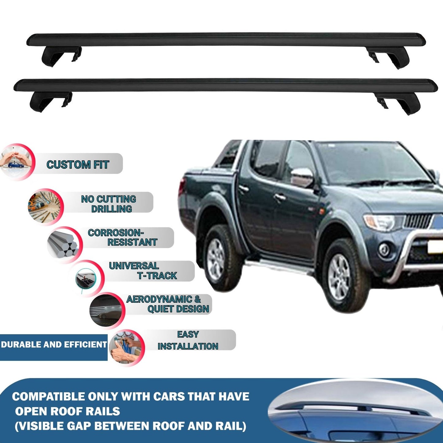 Roof Rack Cross Bars for Mitsubishi Triton L200 2005-2015 Rail Carrier for Roof Tents 2 Pcs Black