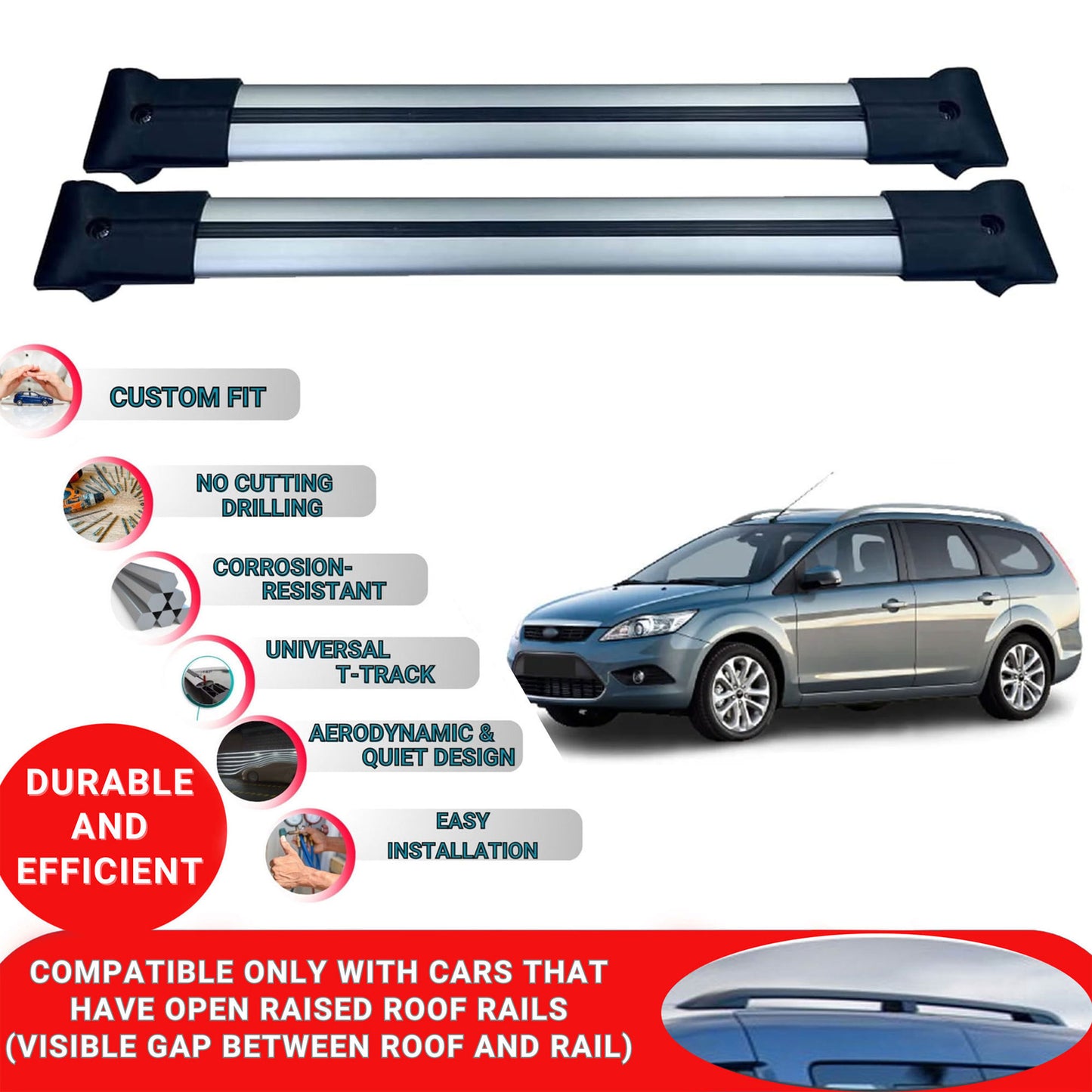 Roof Racks Cross Bars For Ford Focus Estate/ Sw Mk2 2008-2011 2 Pcs Grey