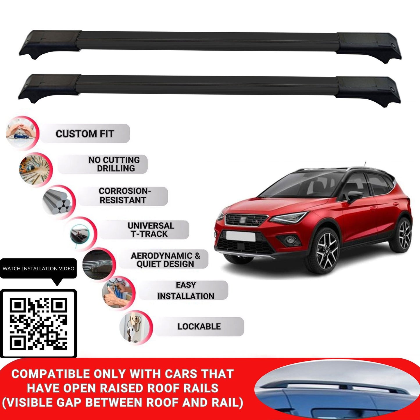 Roof Rack Cross Bars for Seat Arona 2018 Onwards Lockable Roof Bars 2 Pcs Black