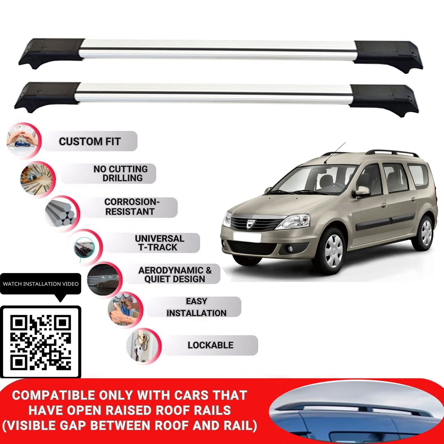 Roof Rack Cross Bars for Dacia Logan 2007-2012 Lockable Roof Bars 2 Pcs Grey