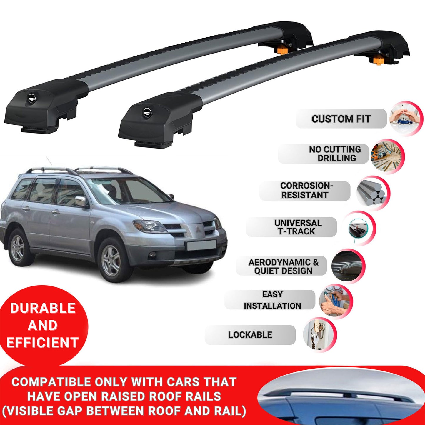 Roof Bar for Mitsubishi Airtrek 2001-2008 Lockable Roof Rack Cross Bars 2 Pcs Grey