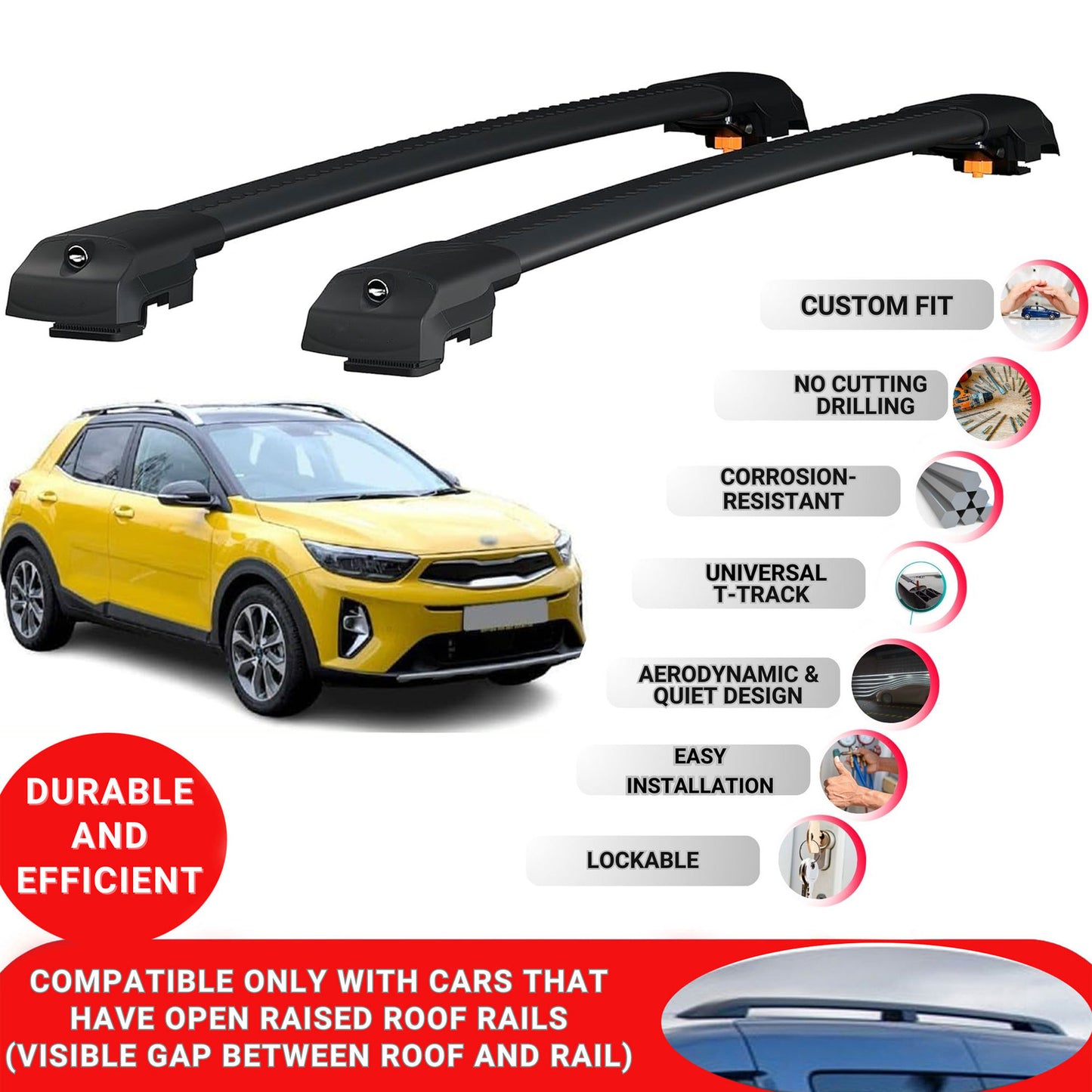 Roof Bar for Kia Stonic 2017-2024 Lockable Roof Rack Cross Bars 2 Pcs Black
