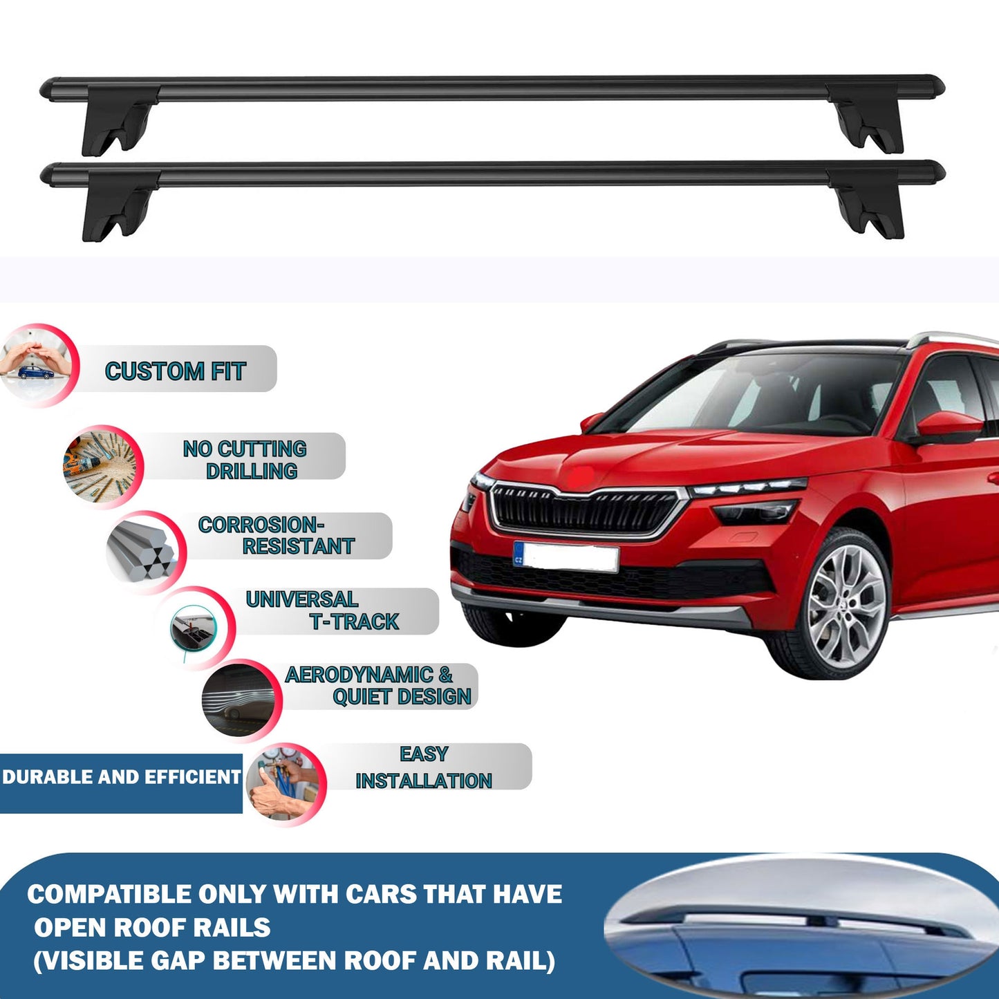 Lockable Roof Rack Cross Bars for Skoda Kamiq 2019-2023 | Heavy Duty Rail Carrier 2 Pcs Black