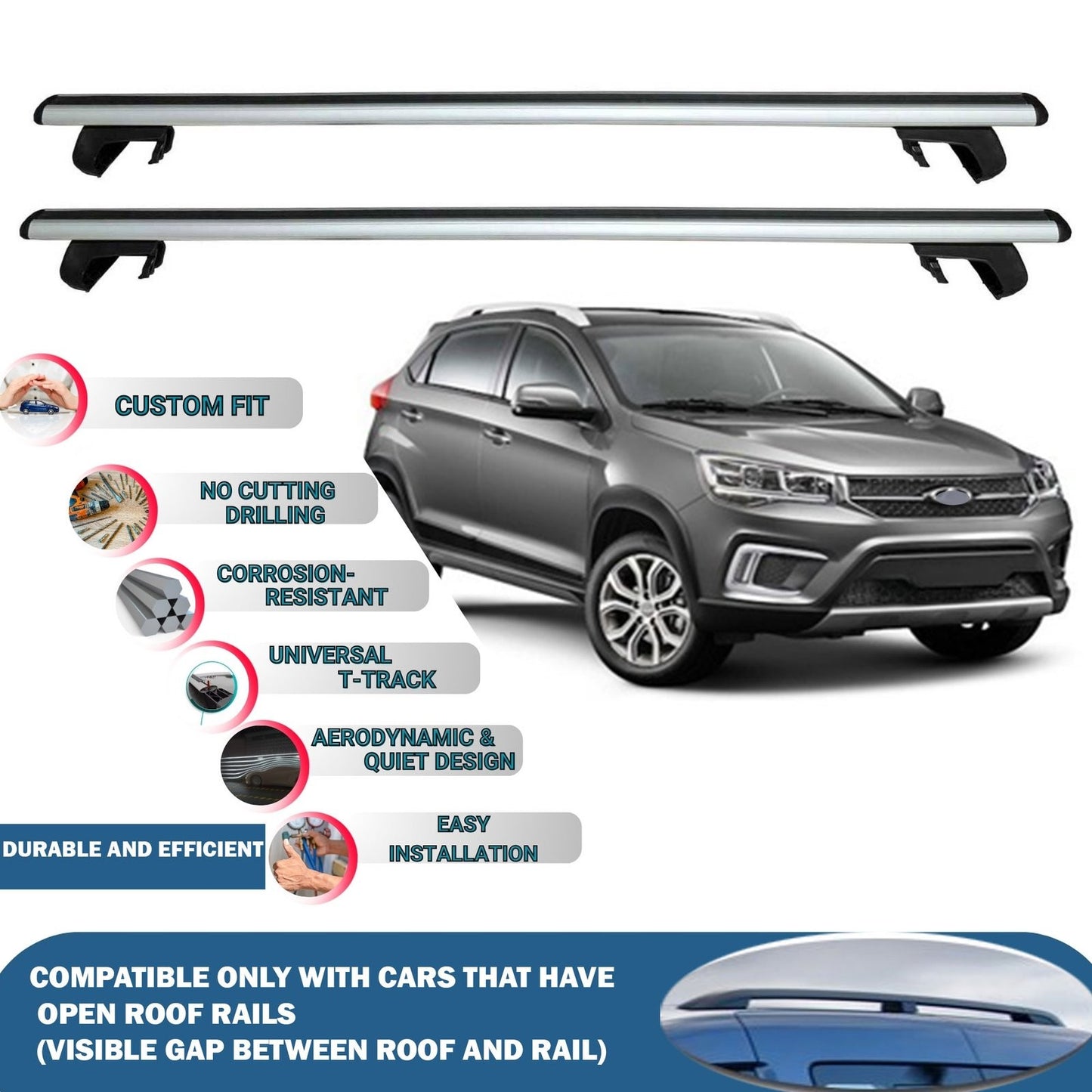 Roof Rack Cross Bars for Cherry Tiggo 3X 2016-2023 Rail Carrier for Roof Tents 2 Pcs Grey