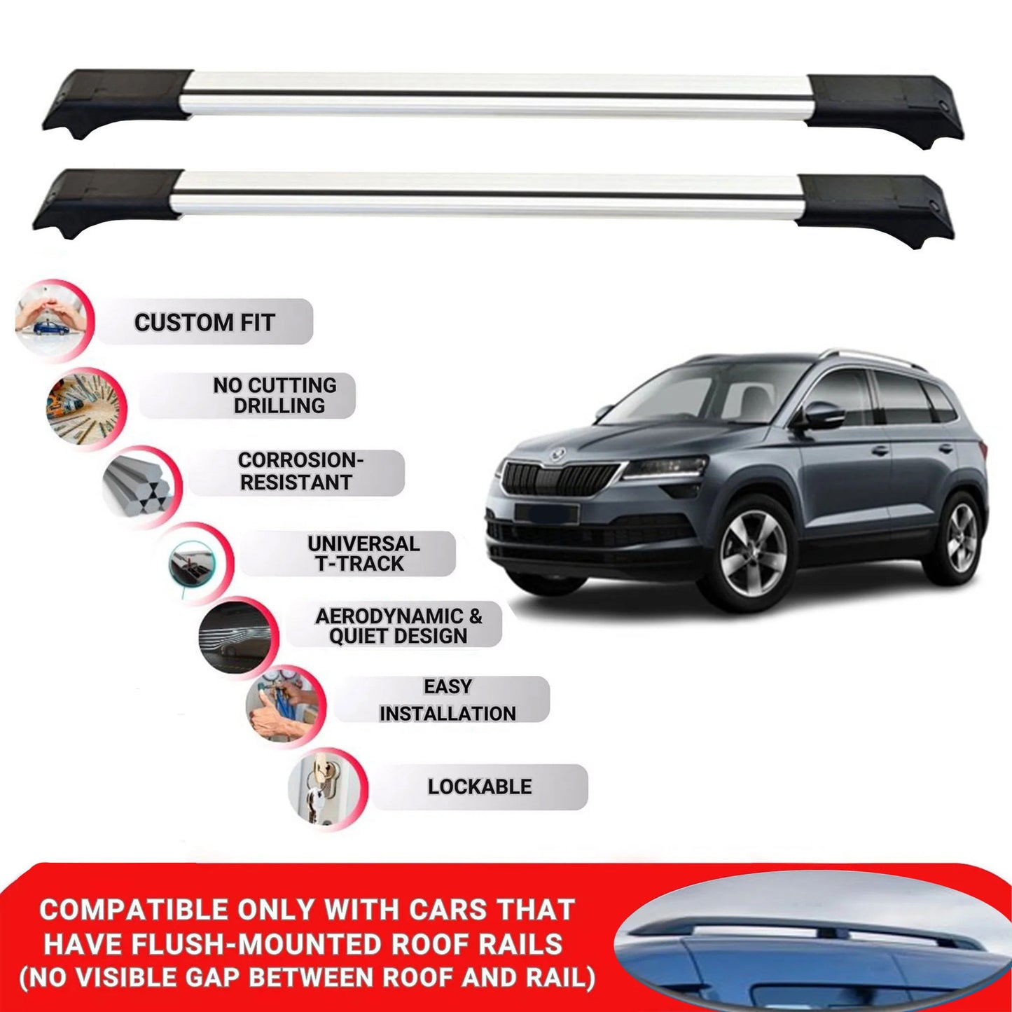 2X Car Roof Rack Cross Bars for Skoda Karoq 2018-2024 Lockable Roof Bars Grey