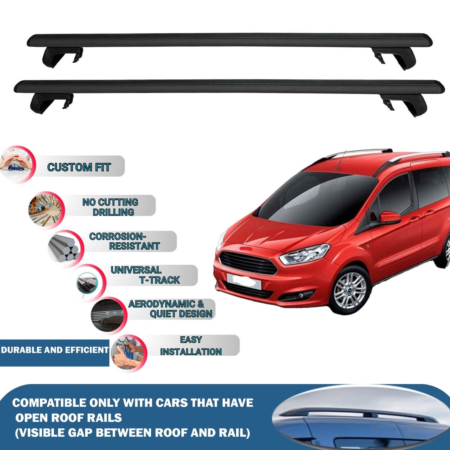 Roof Rack Cross Bars for Ford Tourneo Courier 2014-2023 Rail Carrier for Roof Tents 2 Pcs Black