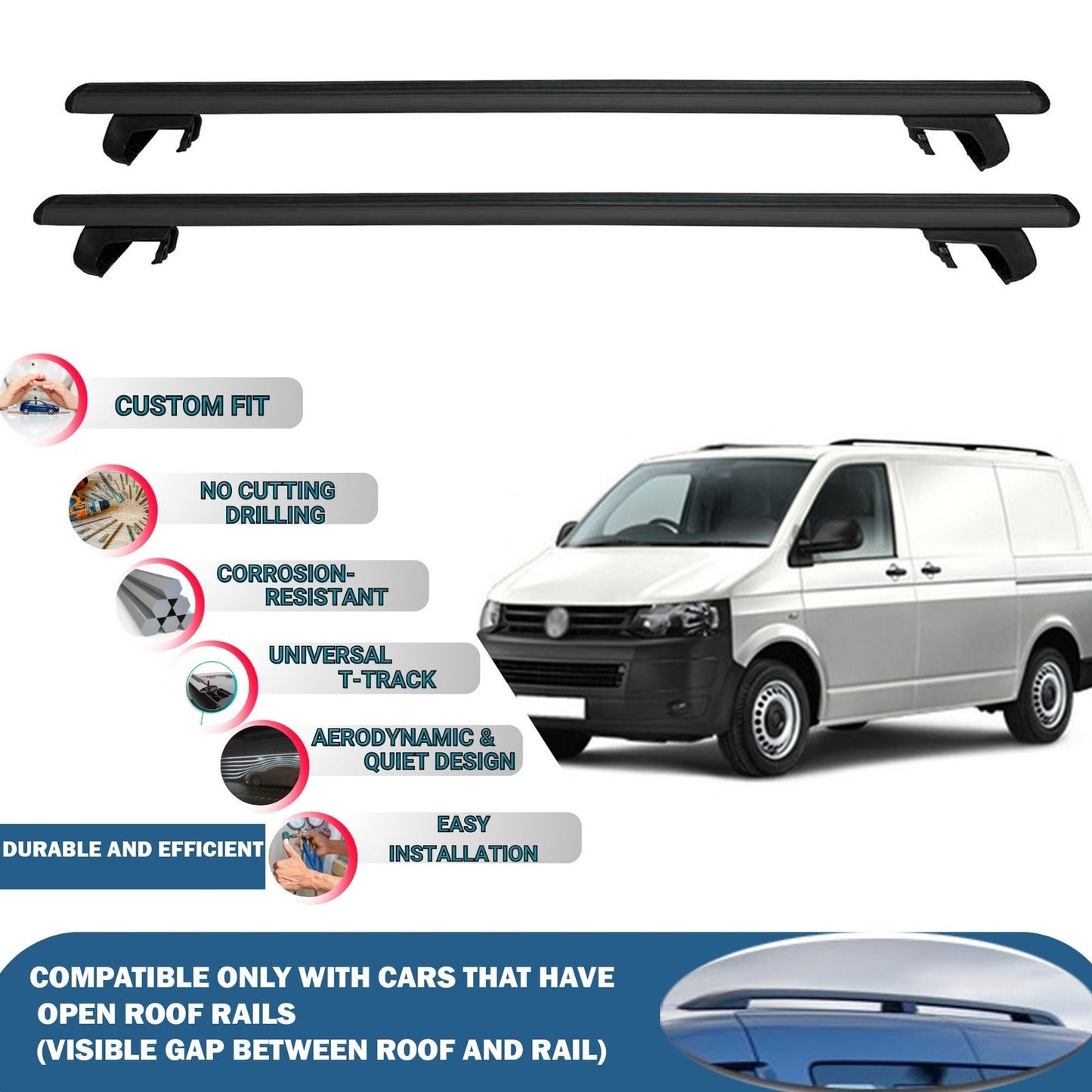 Roof Rack Cross Bars for Volkswagen T5 Transporter Cargo 2003-2015 Rail Carrier for Roof Tents 4 Pcs Black