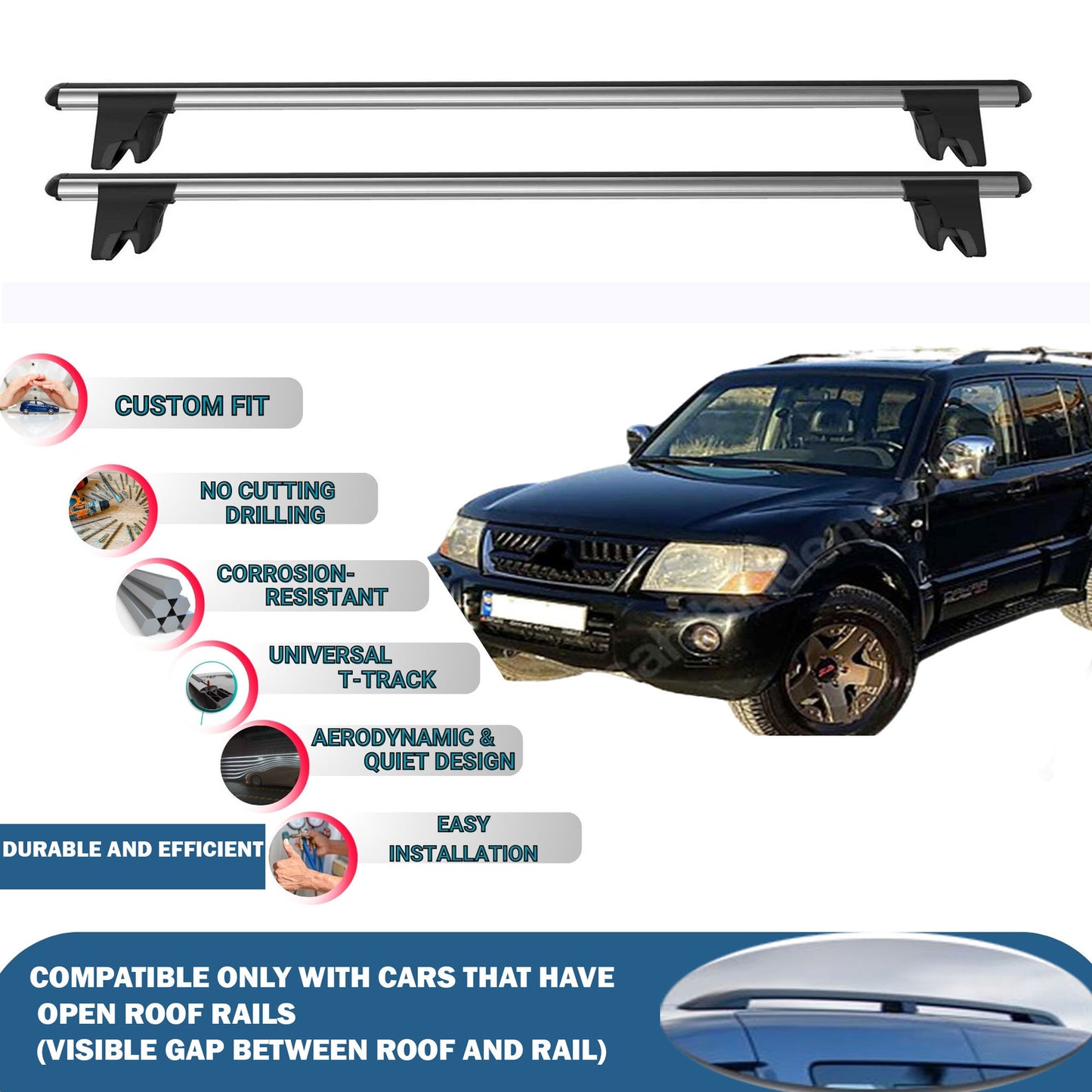 Lockable Roof Rack Cross Bars for Mitsubishi Pajero V60 5D 1999-2006 | Heavy Duty Rail Carrier 2 Pcs Grey