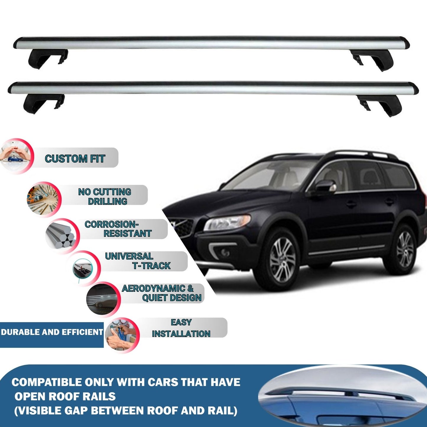 Roof Rack Cross Bars for Volvo Xc70 Estate 2008-2016 Rail Carrier for Roof Tents 2 Pcs Grey